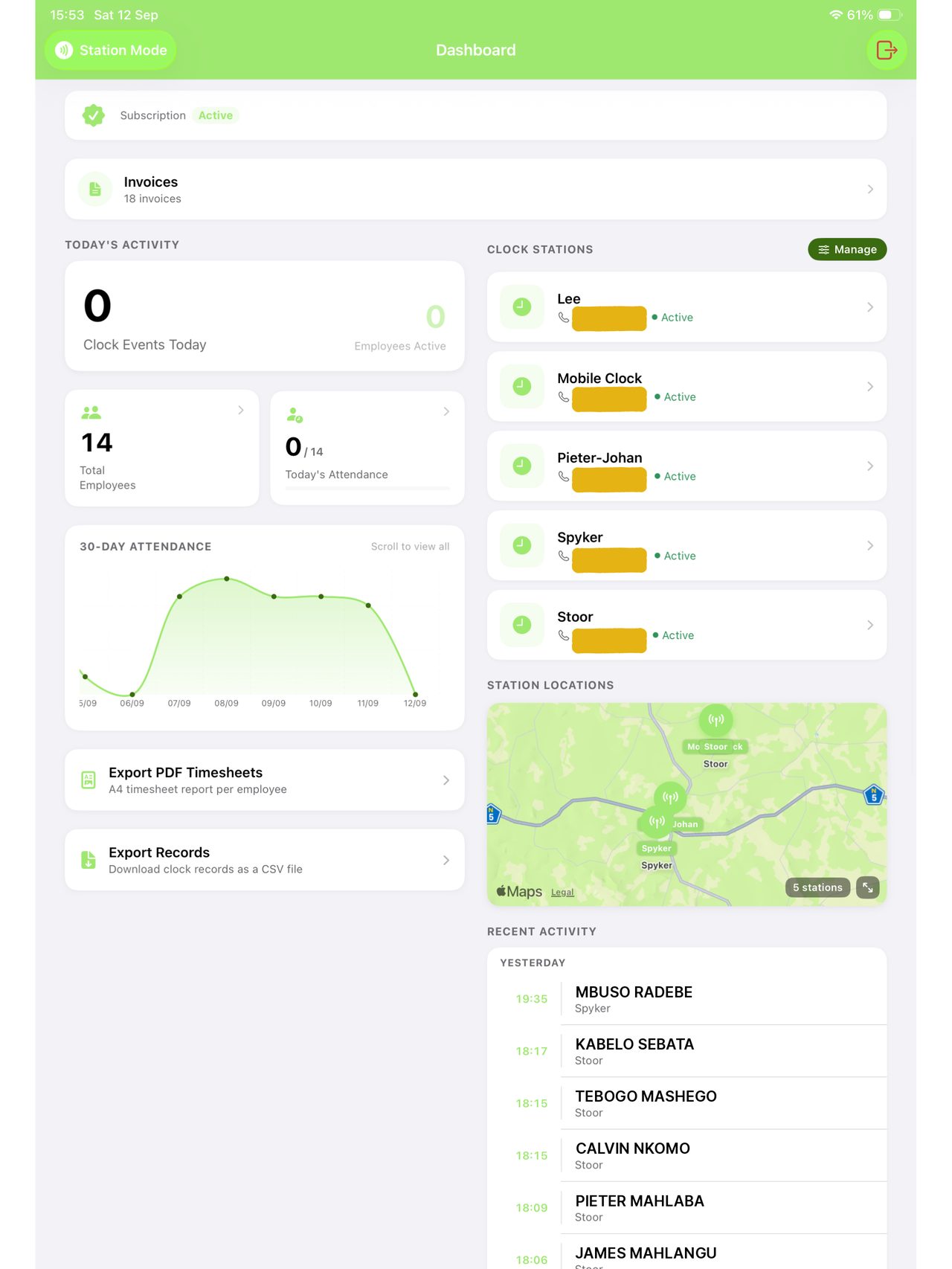 The dashboard on iPad: today's activity, 30-day attendance graph, clock stations, station locations map, recent activity and export buttons