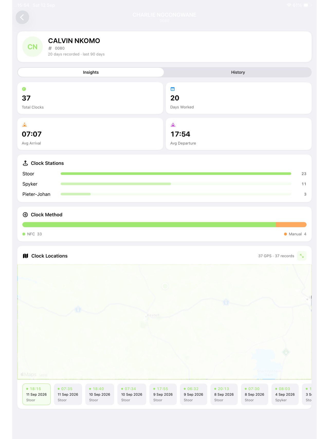 An employee profile showing their clock stations, NFC versus manual clocking and a map of every location they have clocked at