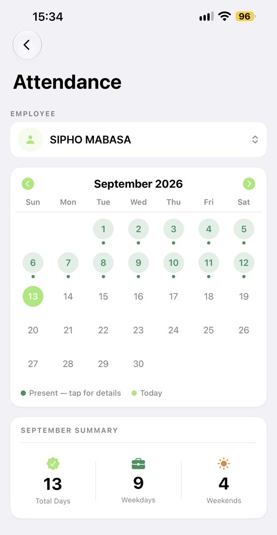 Attendance calendar for an employee showing days present in September and a monthly summary