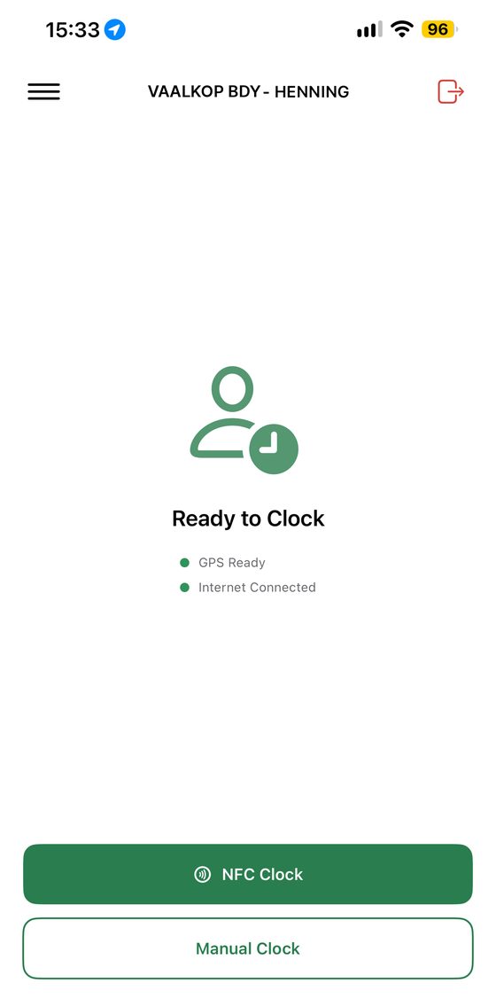 Ready to Clock screen showing GPS ready and internet connected