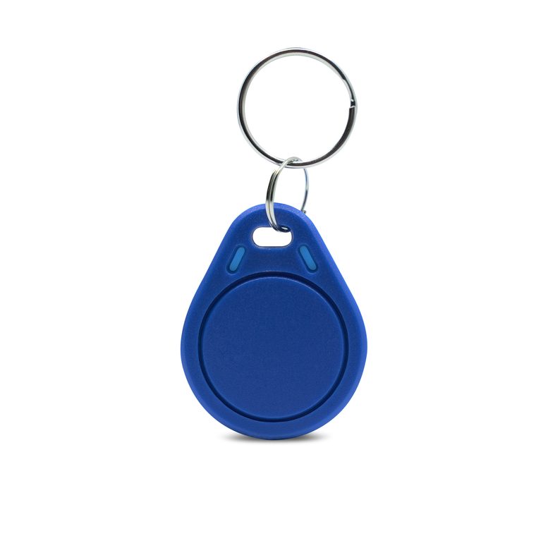 A blue NFC key fob tag on a keyring